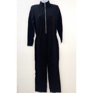VTG CACHE Womens SMALL Black Ribbed Knit Zip-Up L/S JUMPSUIT Shoulder Pads USA